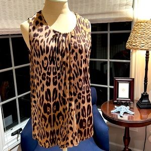 Anne Klein leopard print sleeveless top. With pleats at neckline in front.